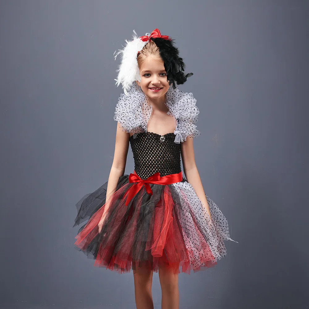 

Cruella De Vil Cosplay Kids girls Dresses with Headwear Children Halloween party Dalmatian Tutu Dress Fancy Evil Lady Costume