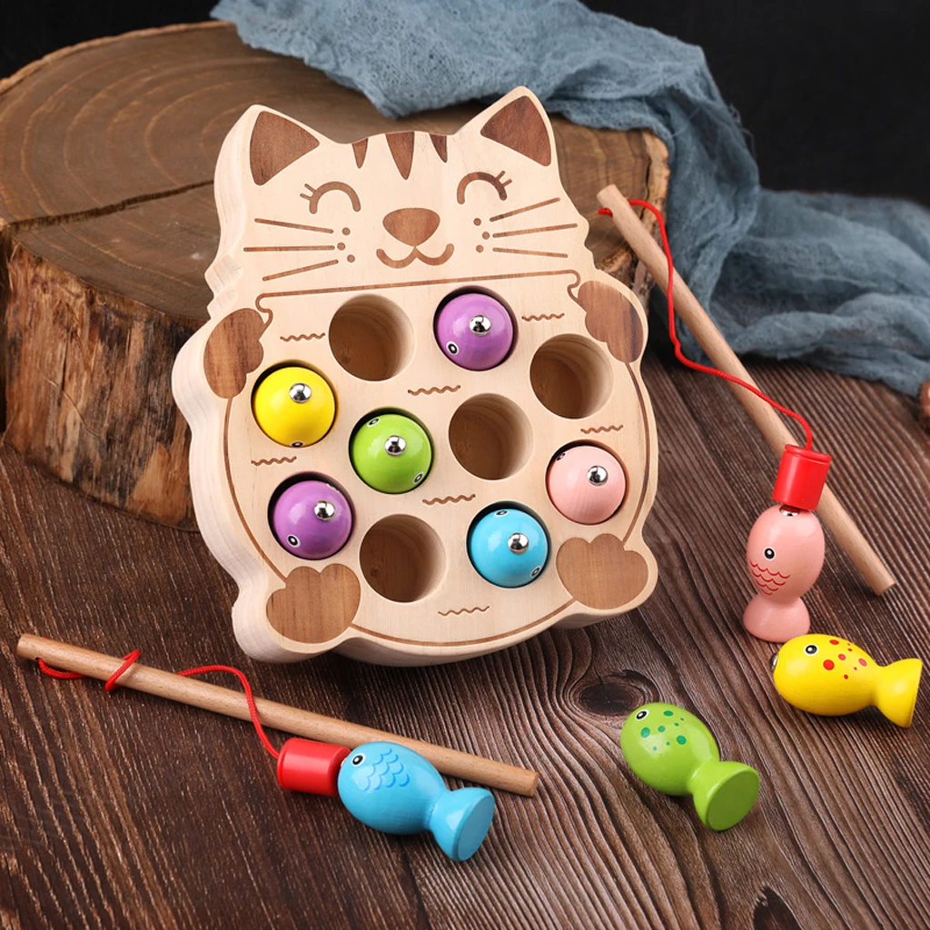 Magnetic Wooden Puzzle Fishing Game Playset with 10 Fishes, 2 Poles, and 1 Fishing Cat Board Magnetic Wooden Puzzle Fishing Game Playset with 10 Fishes, 2 Poles, and 1 Fishing Cat Board