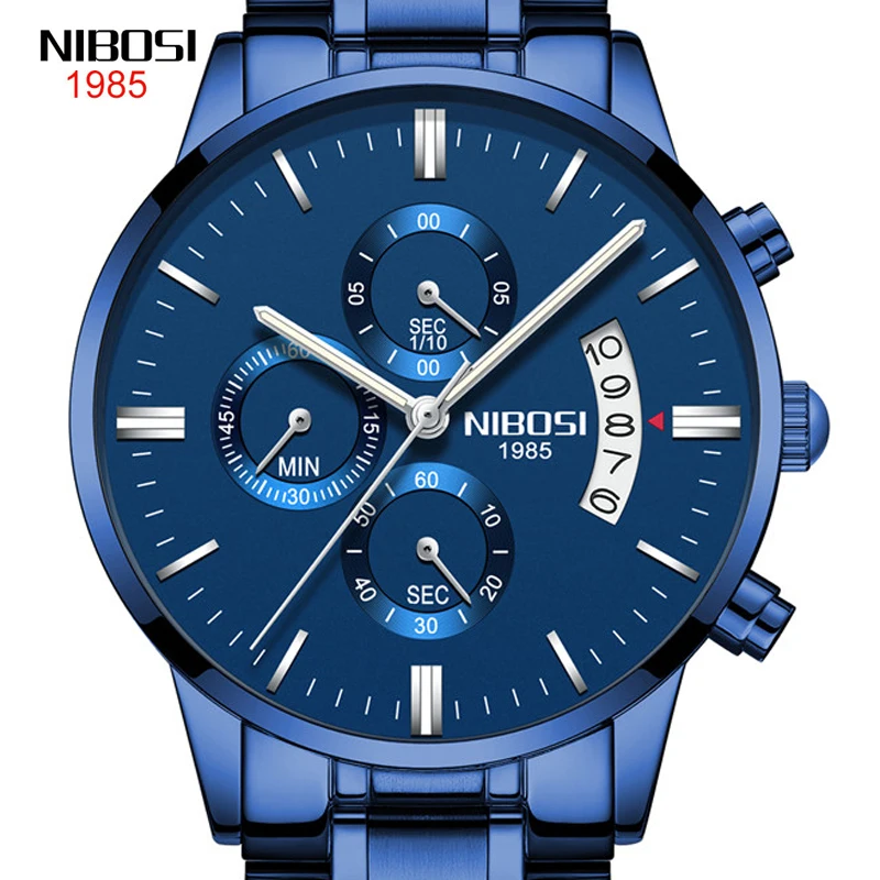 

NIBOSI Mens Watches Top Brand Luxury Fashion Quartz Watch Men Sport Stainless Steel Waterproof Chronograph Wristwatches for Men