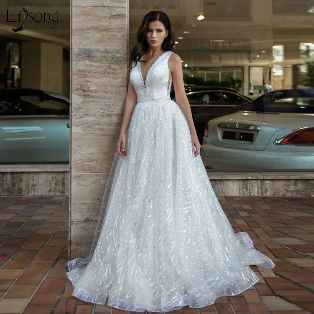 New Arrival Beading Sequined Shiny Wedding Dresses 2020 V Neck A Line Elegant Vestido De Noiva Sparkly Gowns Mariage | Свадьбы и
