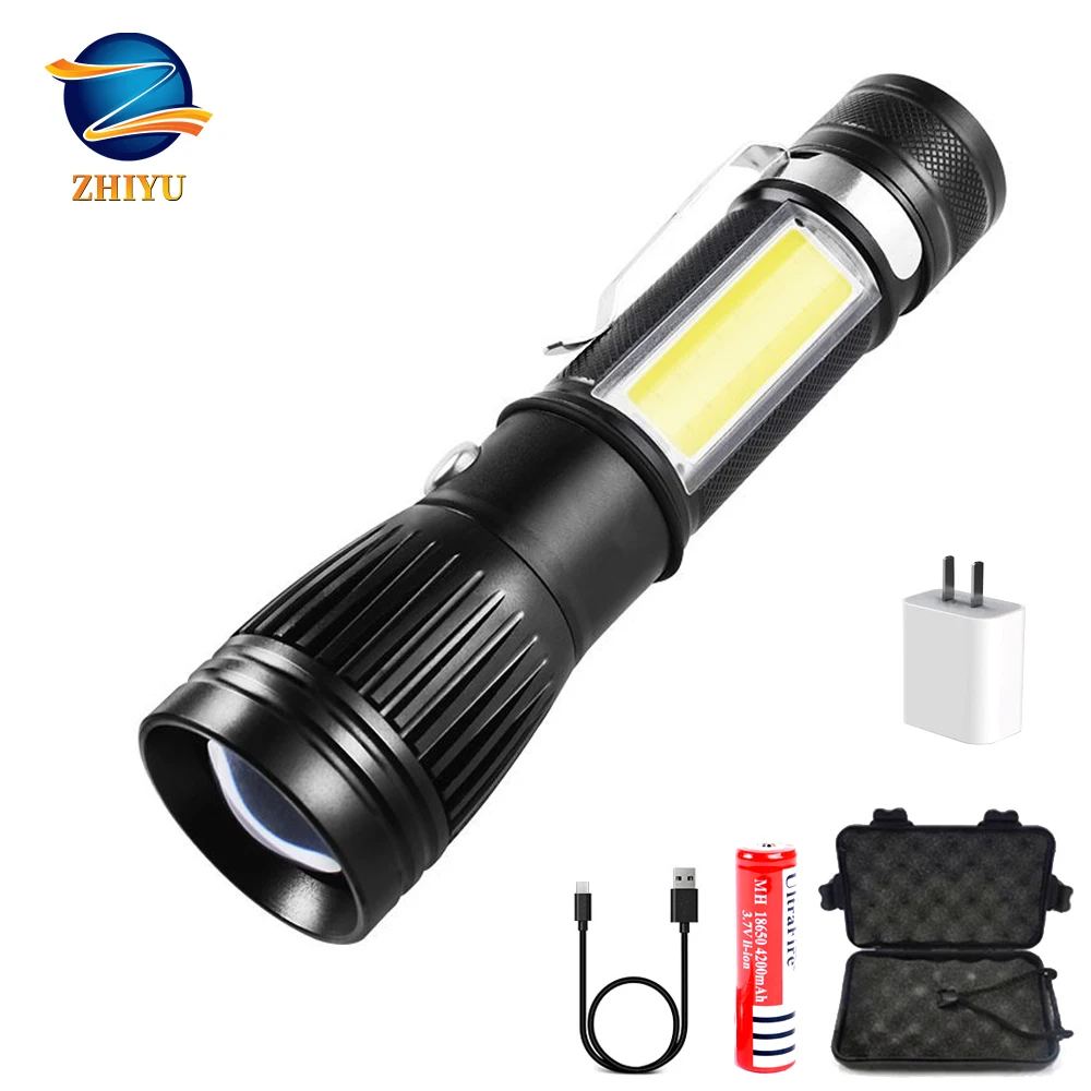 ZHIYU Rechargeable USB LED Flashlight with side light glare electric torch USB rechargeable camping torch Use 18650 battery
ZHIYU Rechargeable USB LED Flashlight with side light glare electric torch USB rechargeable camping torch Use 18650 battery