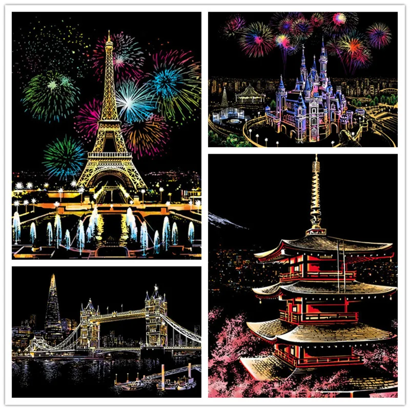 

41*28cm DIY Magic Night View City Scratch Paintings Art crafts Paper Adult kids decompressiond Drawing toys Home Decor Picture