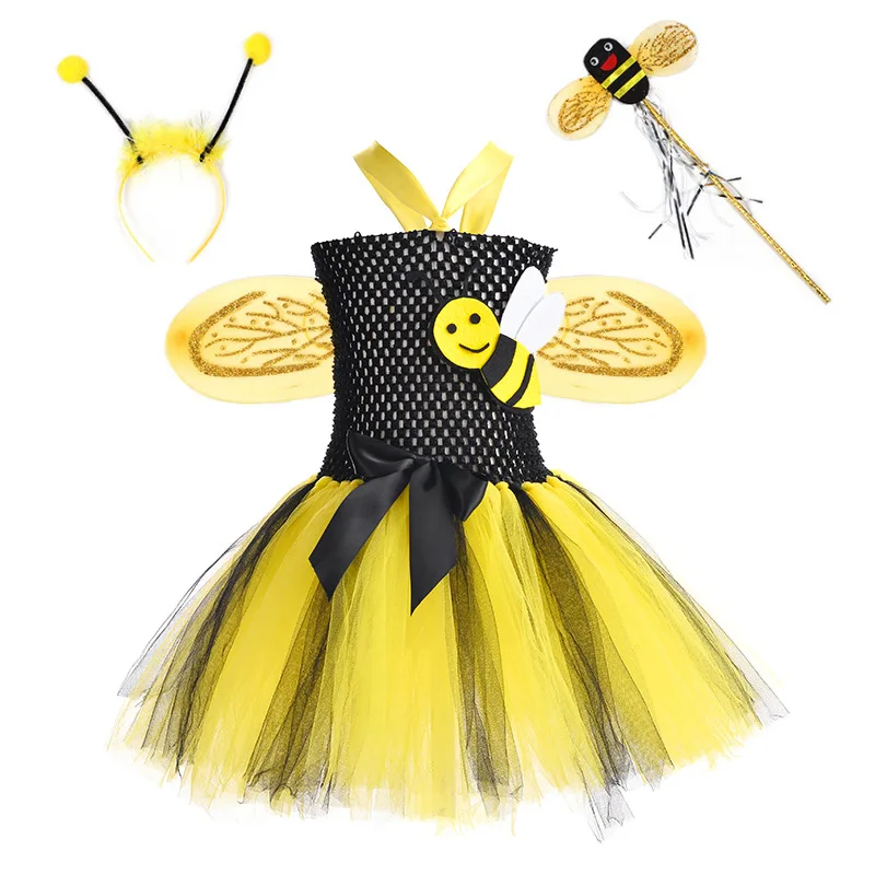 

Bumble Bee Tutu Dress For Baby Girls Birthday Outfit Halloween Costume For Kids Honeybee Cosplay Dresses With Wing Headband Set
