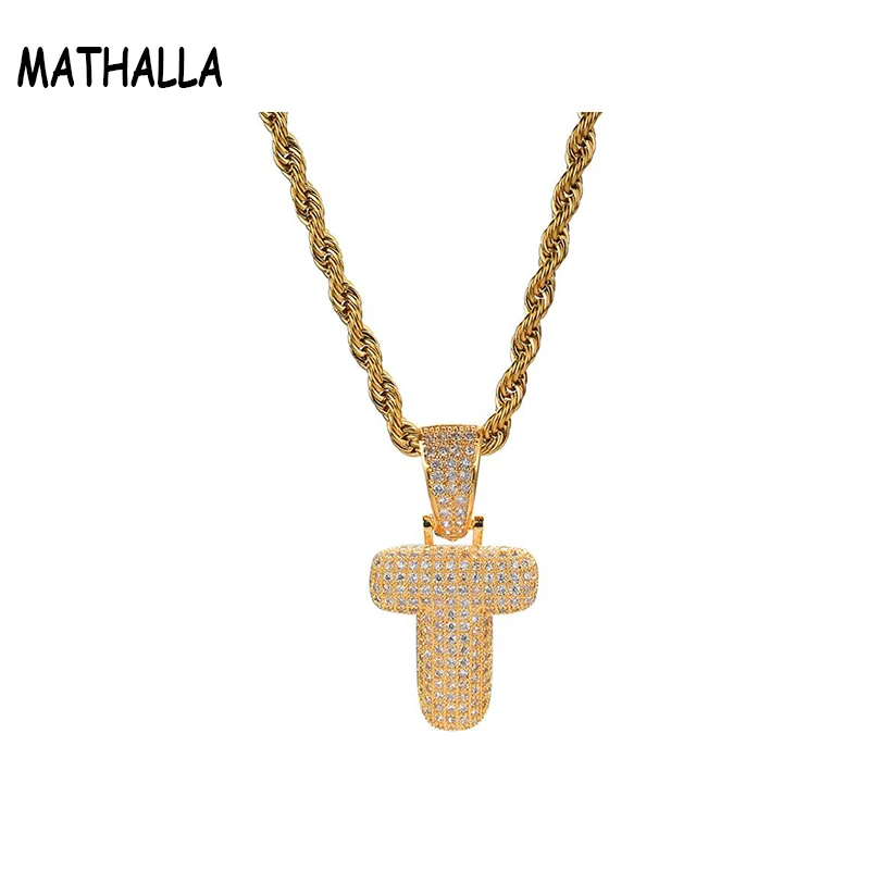 Фото MATHALLA Ice Out AAA + Zircon Letter Pendant Necklace Men's Hip Hop Jewelry Women's Pendants and Necklaces With Rope Chain |
