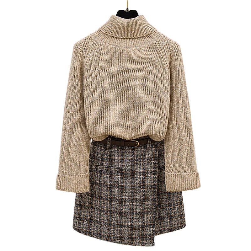 Sets Woman Turtleneck Autumn Winter Women Pullover Loose Sweater & Grid Tweed Irregular Skirt Half-Length Skirts Suit Warm Set
Sets Woman Turtleneck Autumn Winter Women Pullover Loose Sweater & Grid Tweed Irregular Skirt Half-Length Skirts Suit Warm Set