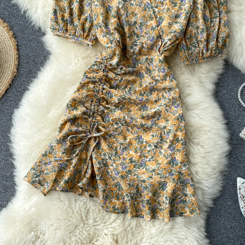 SINGRAIN 2020 Summer Floral dress Women puff sleeves flower print sundress Drawstring ruffles chiffon dress purple korean dress
