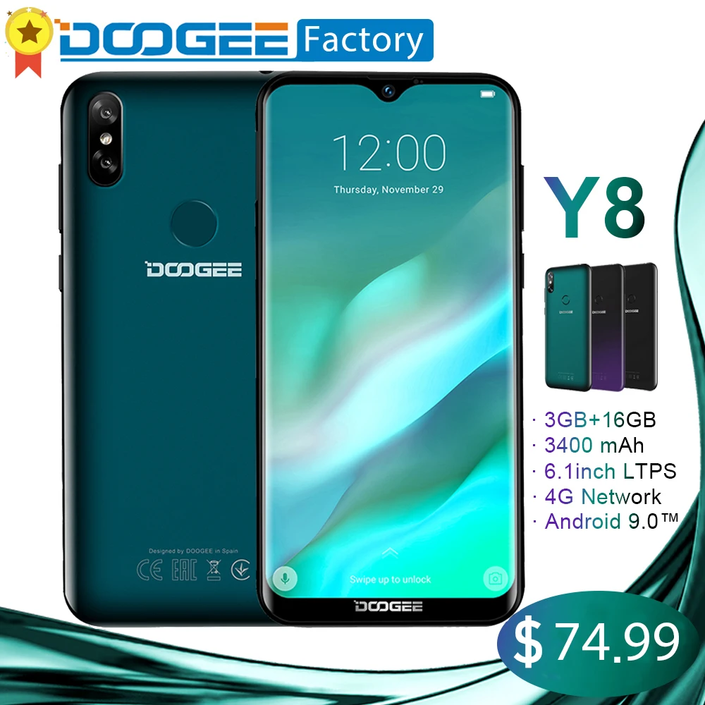 

DOOGEE Y8 3GB 16GB 4G LTE Android 9.0 Smartphone 6.1 inch Waterdrop Screen MTK6739 Quad-Core 8MP+5MP Face ID 3400mAh cellphone
