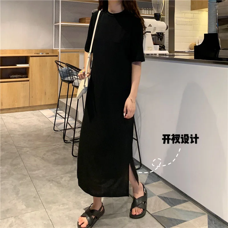 

T Shirt Dress Women Summer Casual Loose Dresses Short Sleeve O Neck Tunic Long Maxi Side Slit Solid Color Dress Clothes