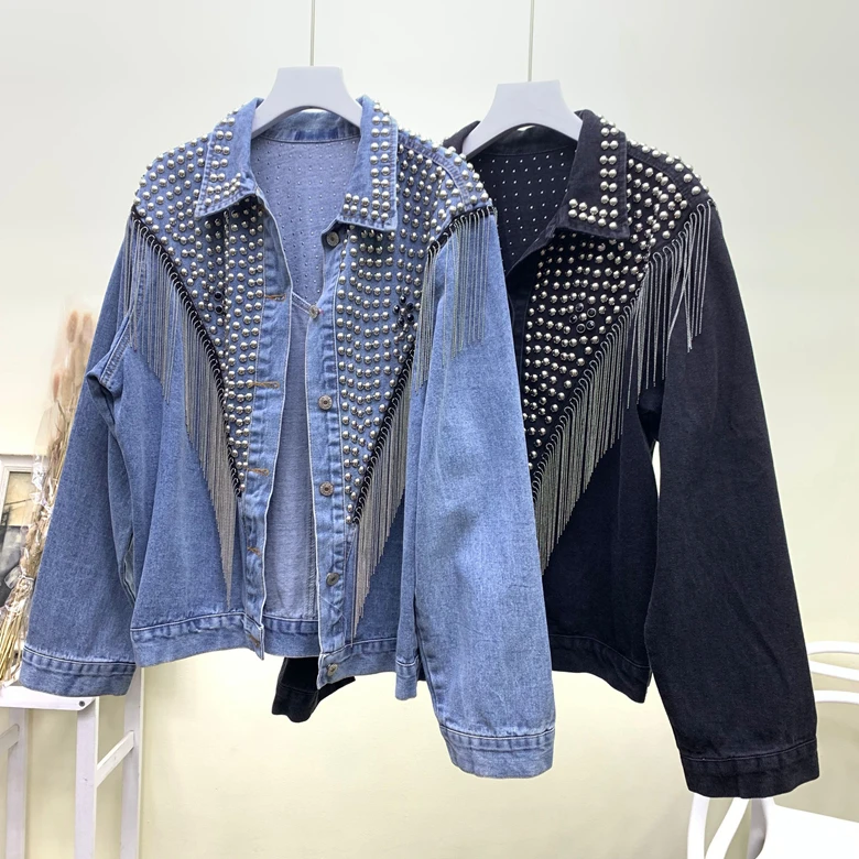 Autumn Women Denim Jacket Coat Heavy Hand Beaded Rivet Fringe Jeans Jacket Student Basic Coats 2039
Autumn Women Denim Jacket Coat Heavy Hand Beaded Rivet Fringe Jeans Jacket Student Basic Coats 2039