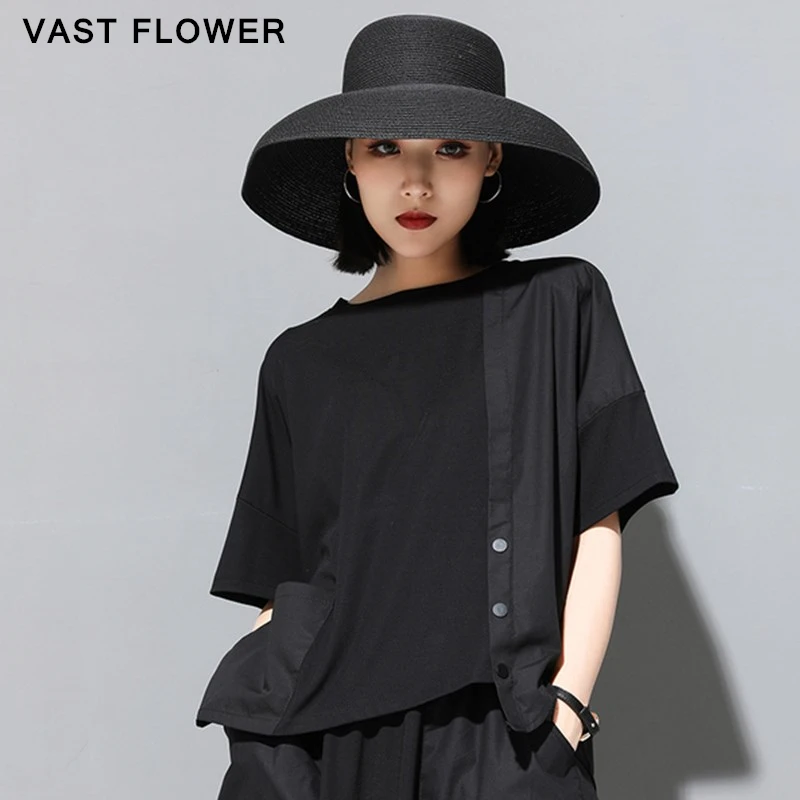 Women Black Irregular Button Patchwork Casual T-Shirt 2021 Summer New O-Neck Short Sleeve Loose Tee Tshirt Tops Fashion Clothes 
Women Black Irregular Button Patchwork Casual T-Shirt 2021 Summer New O-Neck Short Sleeve Loose Tee Tshirt Tops Fashion Clothes