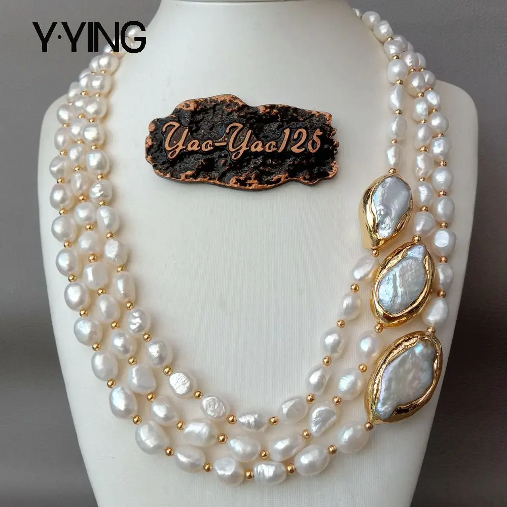 

Y·YING 20" 3 rows Cultured Baroque Pearl Necklace Keshi Pearl Gold color Plated Connector chokers luxury wedding for women