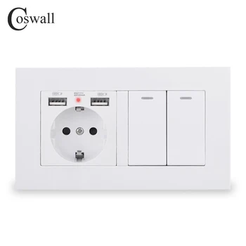 

COSWALL EU Standard Wall Socket Grounded With 2 USB Charge Port Hidden Soft LED + 2 Gang 1 Way On / Off Light Switch PC Panel