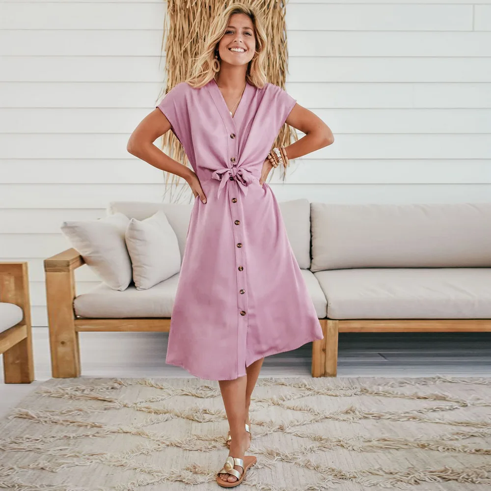 Женское платье средней длины на пуговицах, элегантное однотонное платье-трапеция с V-образным вырезом и коротким рукавом, офисные женские платья-рубашки на шнуровке, лето 2023
Женское платье средней длины на пуговицах, элегантное однотонное платье-трапеция с V-образным вырезом и коротким рукавом, офисные женские платья-рубашки на шнуровке, лето 2023