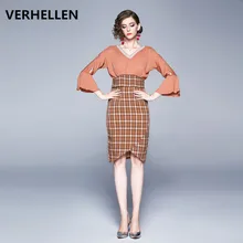 VERHELLEN alta calidad 2020 pasarela diseñador primavera mujeres Sexy cuello en V manga Flare Delgado oficina trabajo vestido elegante media pantorrilla vestido(China)