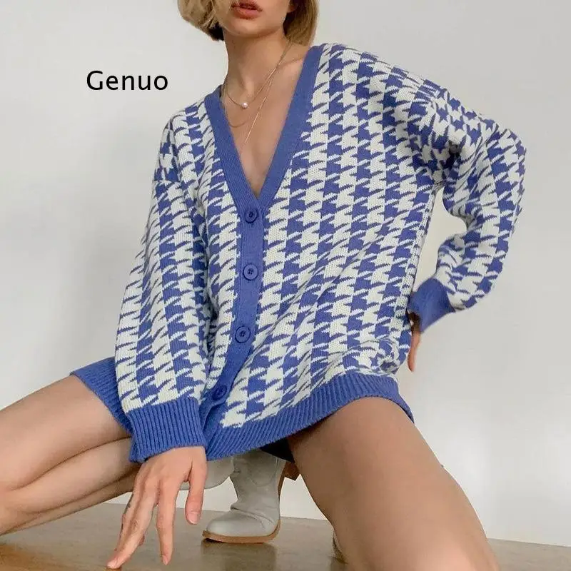 

Women Fashion Oversized Houndstooth Knitted Cardigan Sweater Vintage V Neck Long Sleeve Female Outerwear Chic Tops