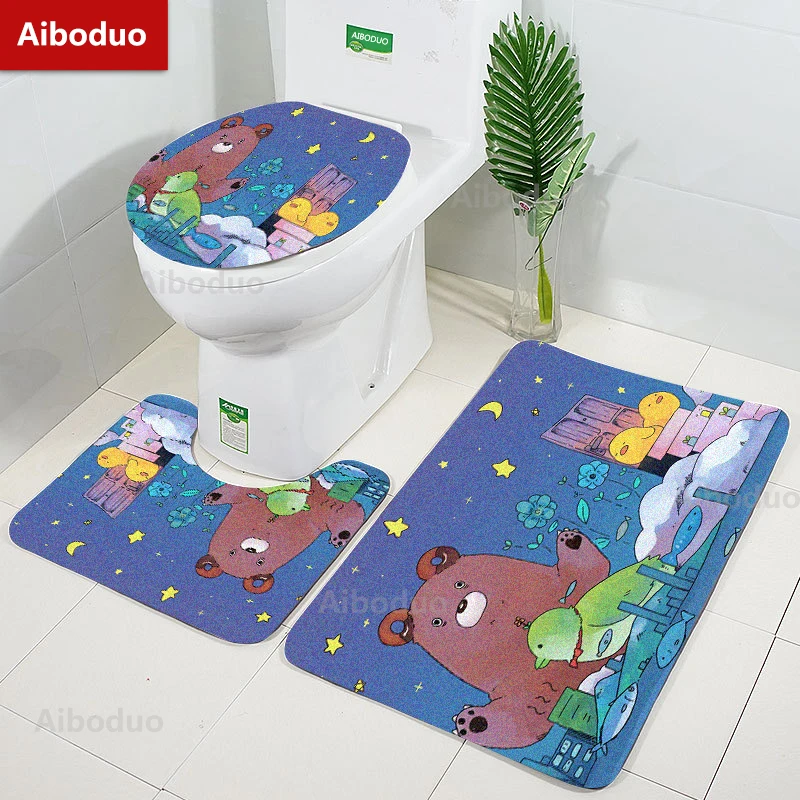 

Aiboduo Cartoon Bear Non Slip 3pcs/set Toilet Lid Cover Set Restroom Rug BathMat Good Night Warm Home Decoration 40*60cm Carpet