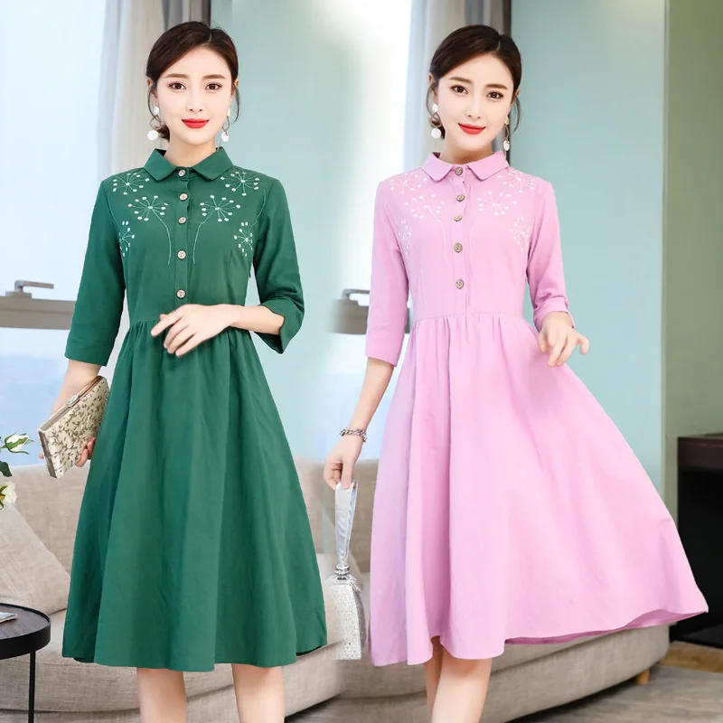 Cotton Linen Dress Female Spring 2019 New Style Mid-length Literature And Art Retro Slim Fit Embroidered A- line Skirt 
Cotton Linen Dress Female Spring 2019 New Style Mid-length Literature And Art Retro Slim Fit Embroidered A- line Skirt