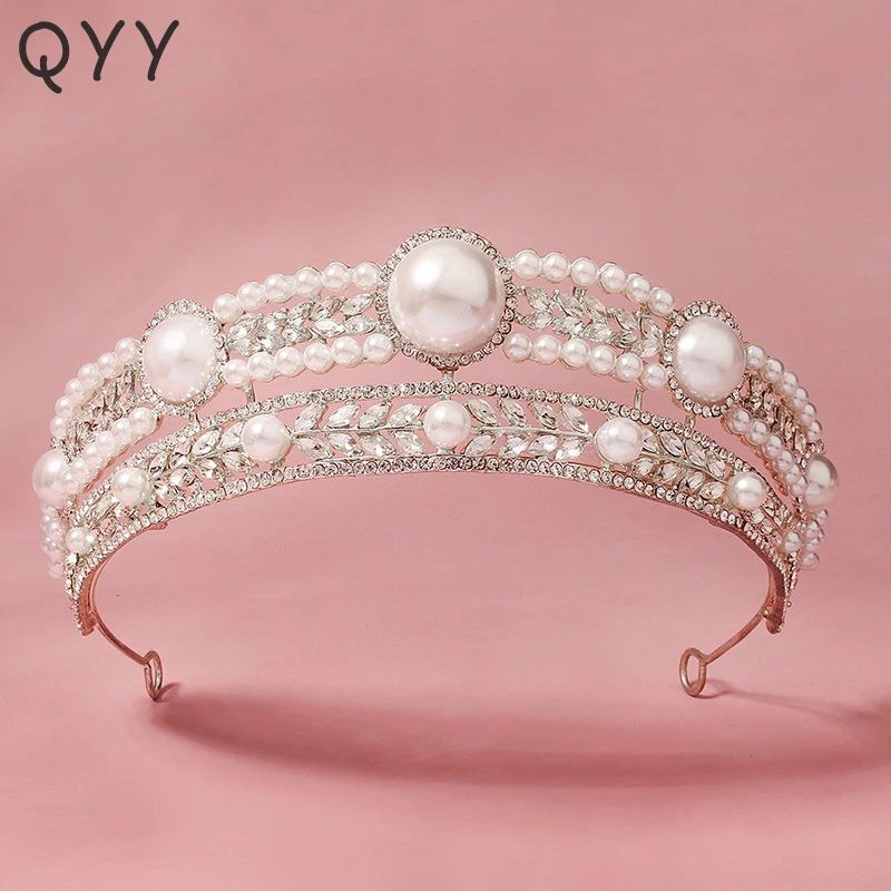 

QYY Wedding Crown Pearl Tiaras and Crowns for Women Accessories Rhinestone Bridal Hair Jewelry Party Bride Headpiece Gift