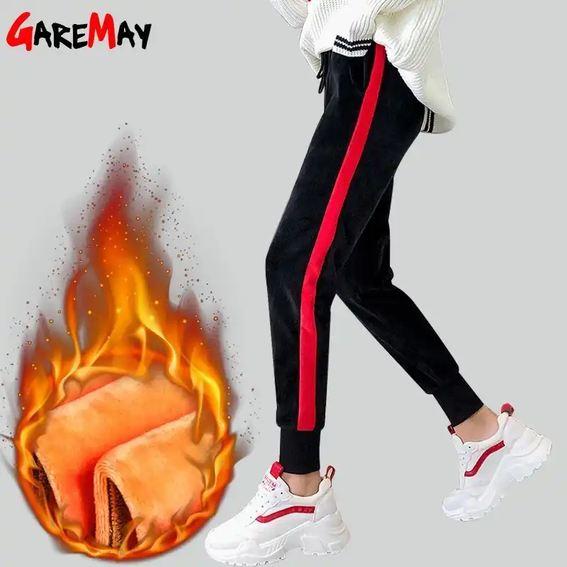 womens red joggers with white stripe