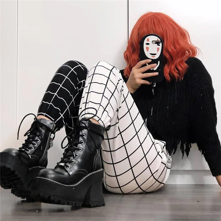 2020 Hipster Black White Plaid Patchwork Harem Pants Female Hip-hop Street Dance Pants Casual Harajuku Korean Straight Trouser1.jpg