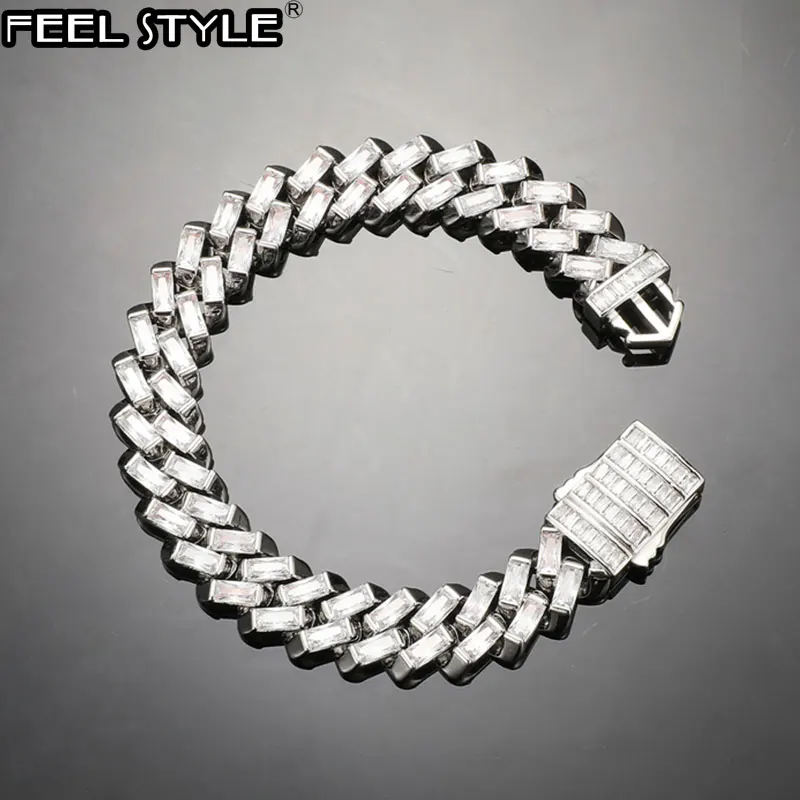 

Hip Hop 13MM 1 Row Baguette Brass Cubic Chain Bracelets Zircon CZ Bracelet Bling For Men Women Jewelry