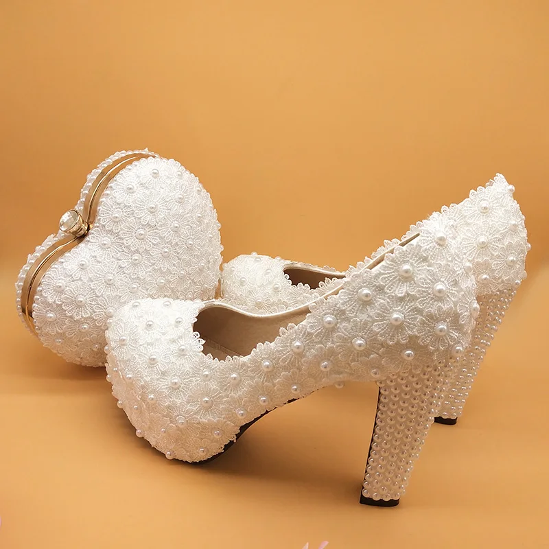 

BaoYaFang White Royal Blue Flower Wedding shoes and bags sets Ladies Platform shoes woman High heel shoes Thick Heel heart purse