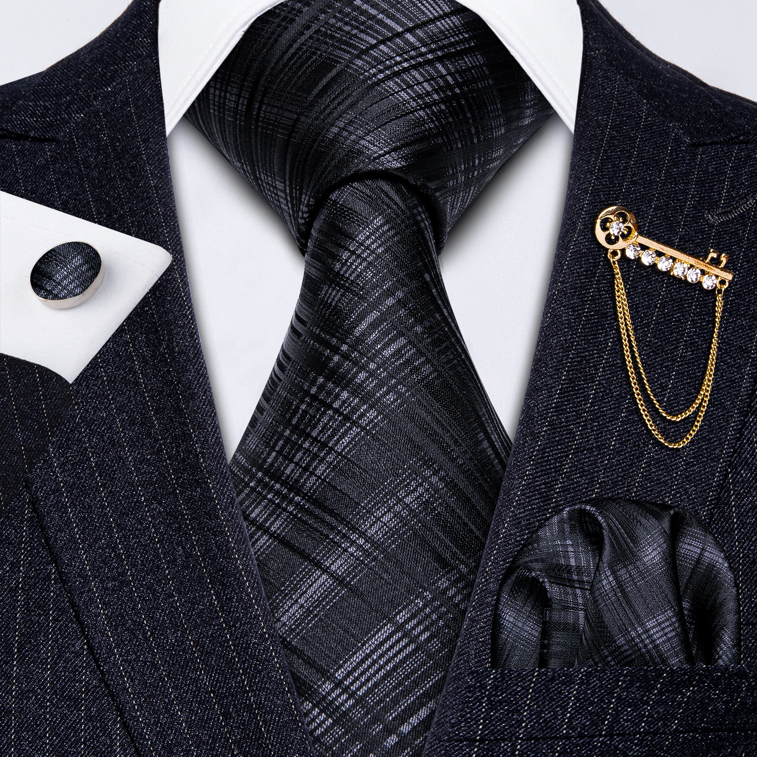 

Men Necktie Gold Brooch Black Plaid Tie Set Fashion Silk Necktie Handkerchief Cufflink Wedding Business Party Barry.Wang GS-5210