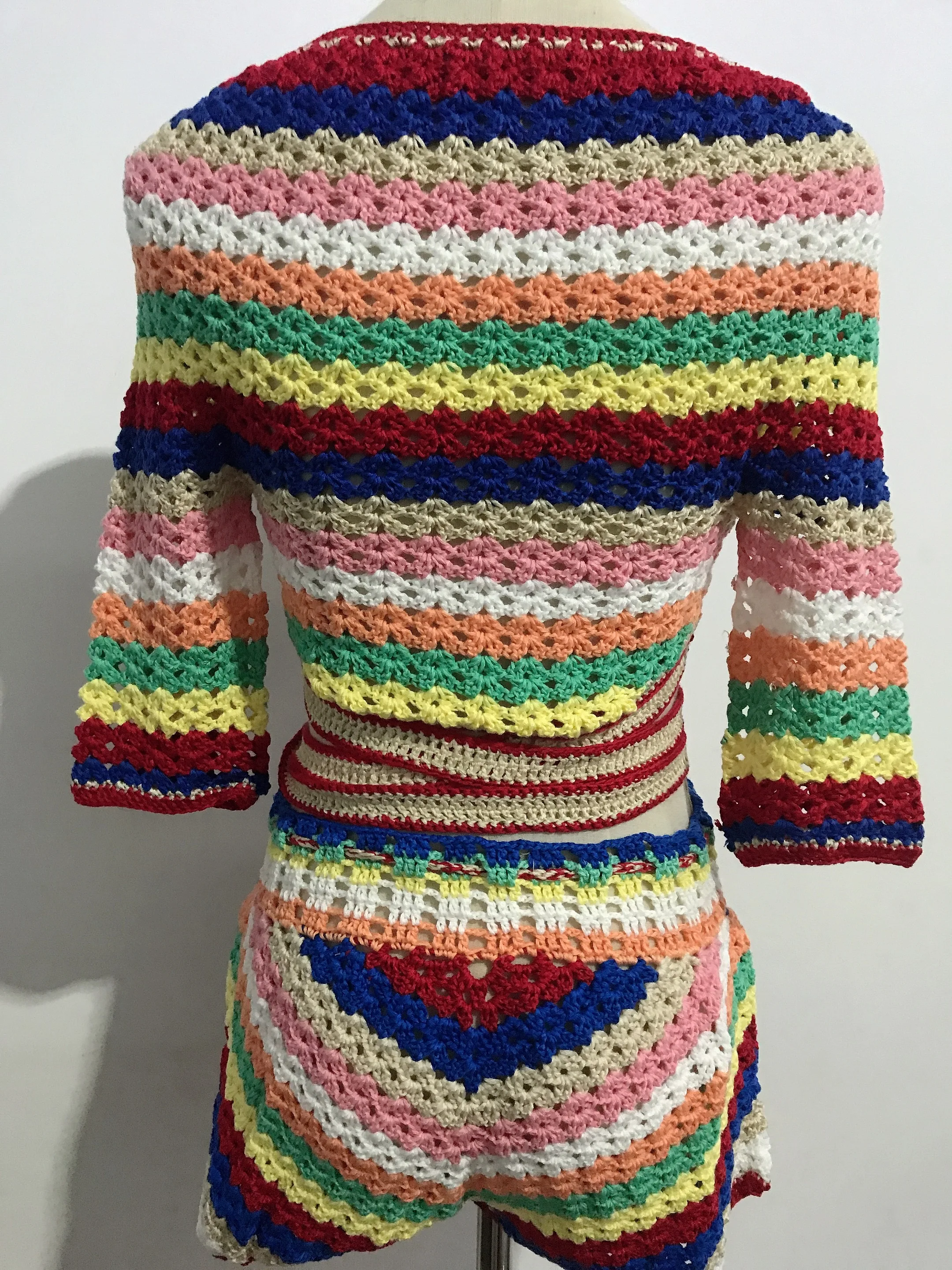 2020 BOHO Lacing up Colored Striped Hand crochet Cardigan Sweater Women Bandage Mini Short Shorts Half Sleeve Tops 2 Pieces Set