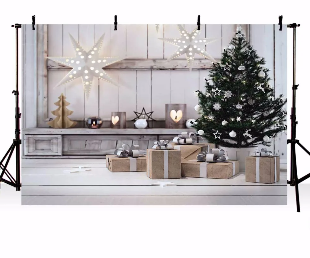 Виниловый фон для фотосъемки с рождественской елкой подарками свеча Лось звезда