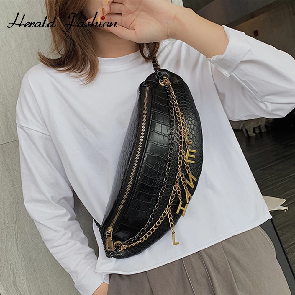 Herald Fashion Alligator Leather Waist Bag Female Chain Letter Pendant Bag Autumn Women Club Biker Shoulder Chest Bag 2019 Brand 
Herald Fashion Alligator Leather Waist Bag Female Chain Letter Pendant Bag Autumn Women Club Biker Shoulder Chest Bag 2019 Brand