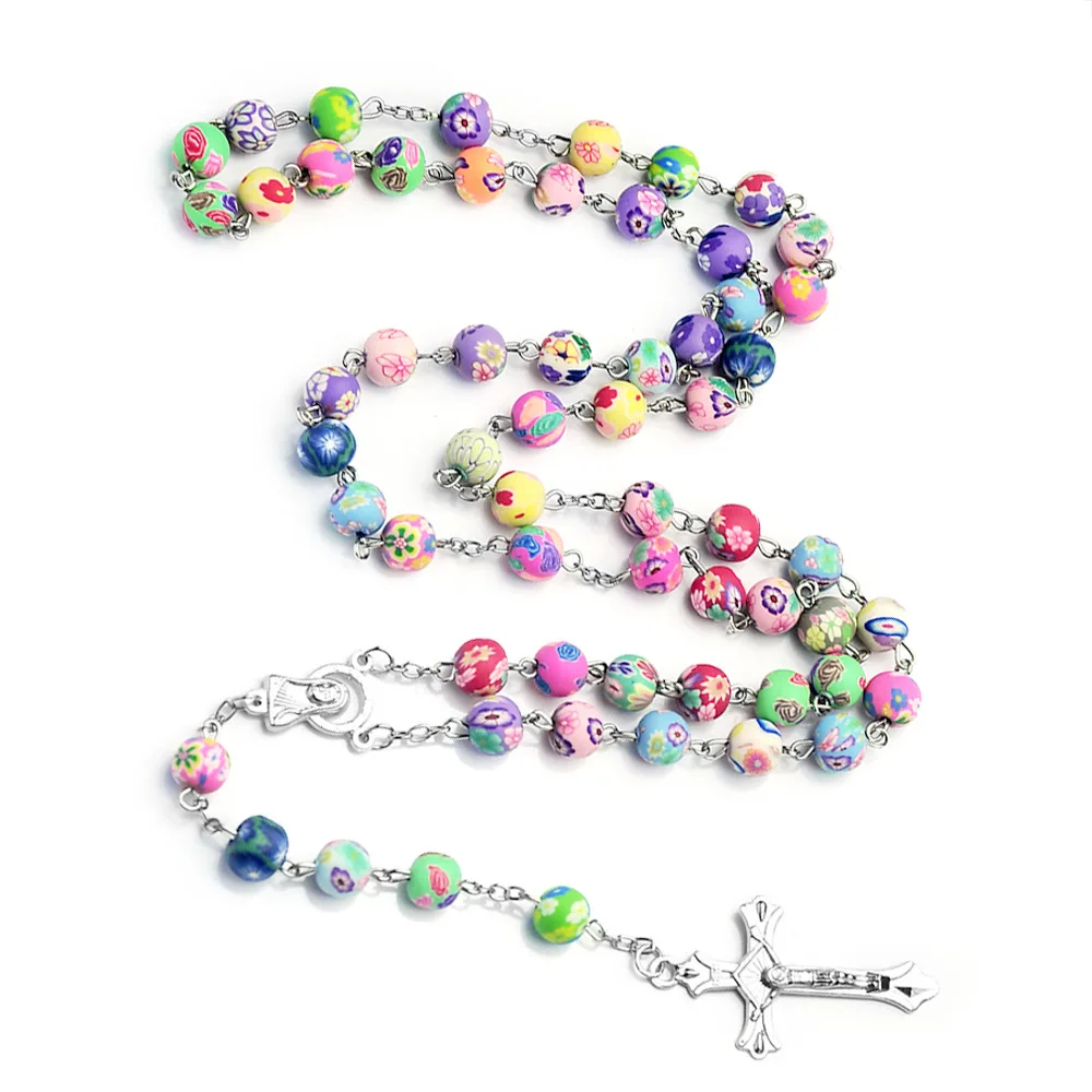 

Colorful Clay Cross Pendant Necklace Catholic Prayer Beads Jesus Christian Rosary Religious Women Jewelry