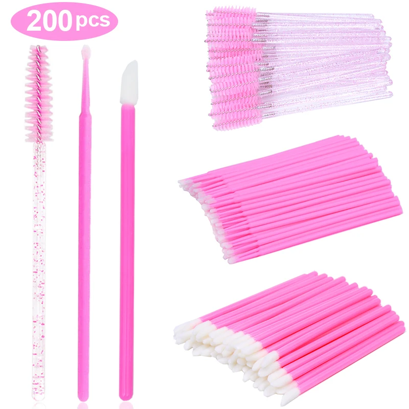 

200PCS Pink Mascara Wands Lip Gloss Wand Brush and Eyelash Cleaning Micro Applicator Set 3 in 1 Eye Lash Makeup Tools in Bundle