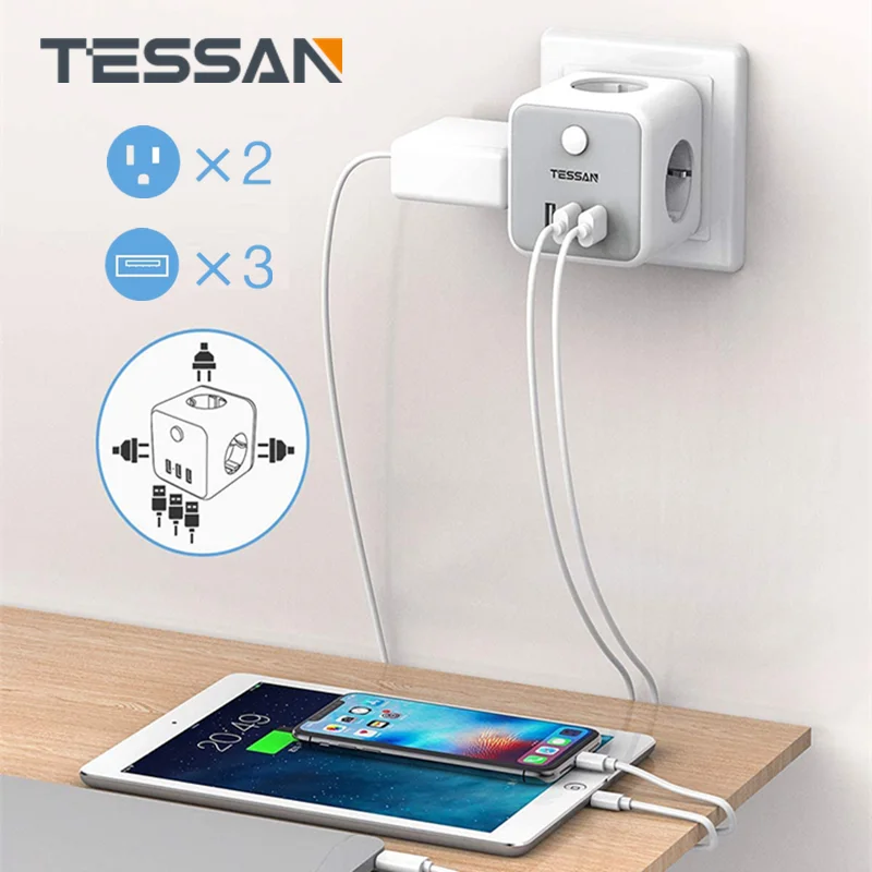 Сетевая розетка TESSAN ЕС удлинитель с 3 розетками переменного тока USB-порта защита
