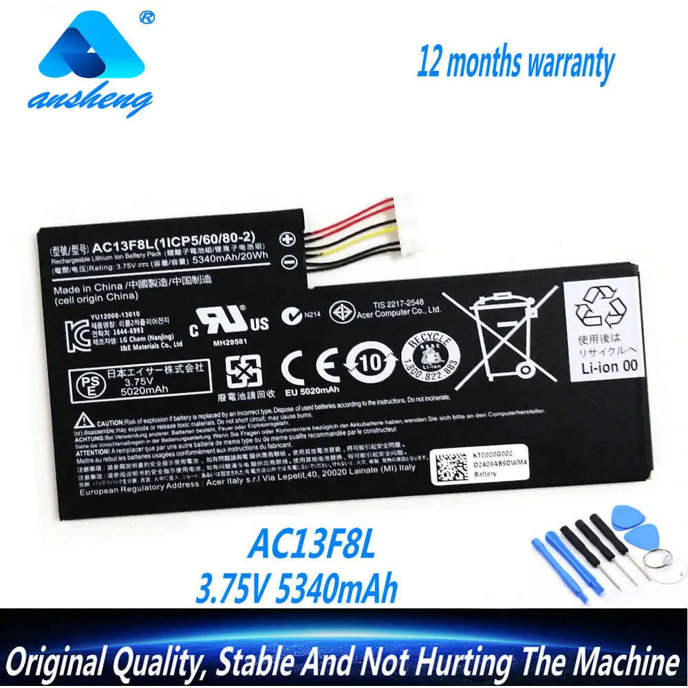 

Genuine AC13F8L AC13F3L Tablet Battery For ACER Iconia Tab W4 A1-810 A1-811 A1-A810 W4-820 W4-820P 3.75V 5340mAh/ 20WH