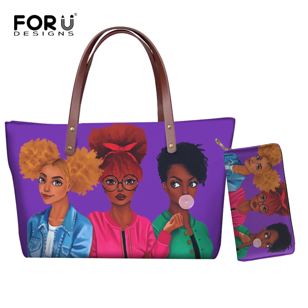 

FORUDESIGNS Women Bags Handbags 2021 Famous Brands African Beach Bag Bolsa Feminina Afro Black Girls Tote Bags PU leather Purse