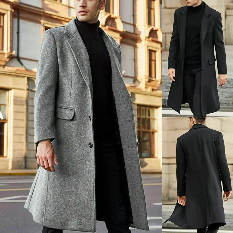Осенне-зимнее мужское винтажное модное однобортное пальто длинное шерстяное