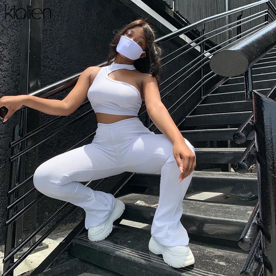 KLALIEN summer casual top and trousers 2 piece set women stretch high quality solid fitness tracksuit skinny sportswear |