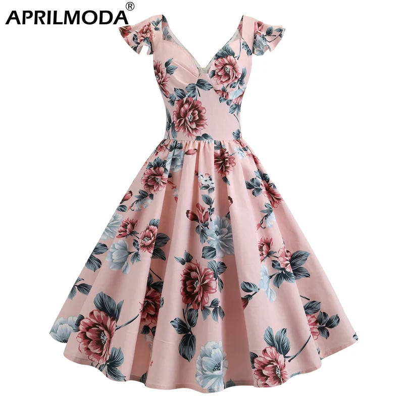 

2020 Vinatge Floral Pleated Dress 50s 60s Sweetheart Neckline Ruffle Sleeve Women Cotton Fit and Flare Pinup Party Summer Jurken