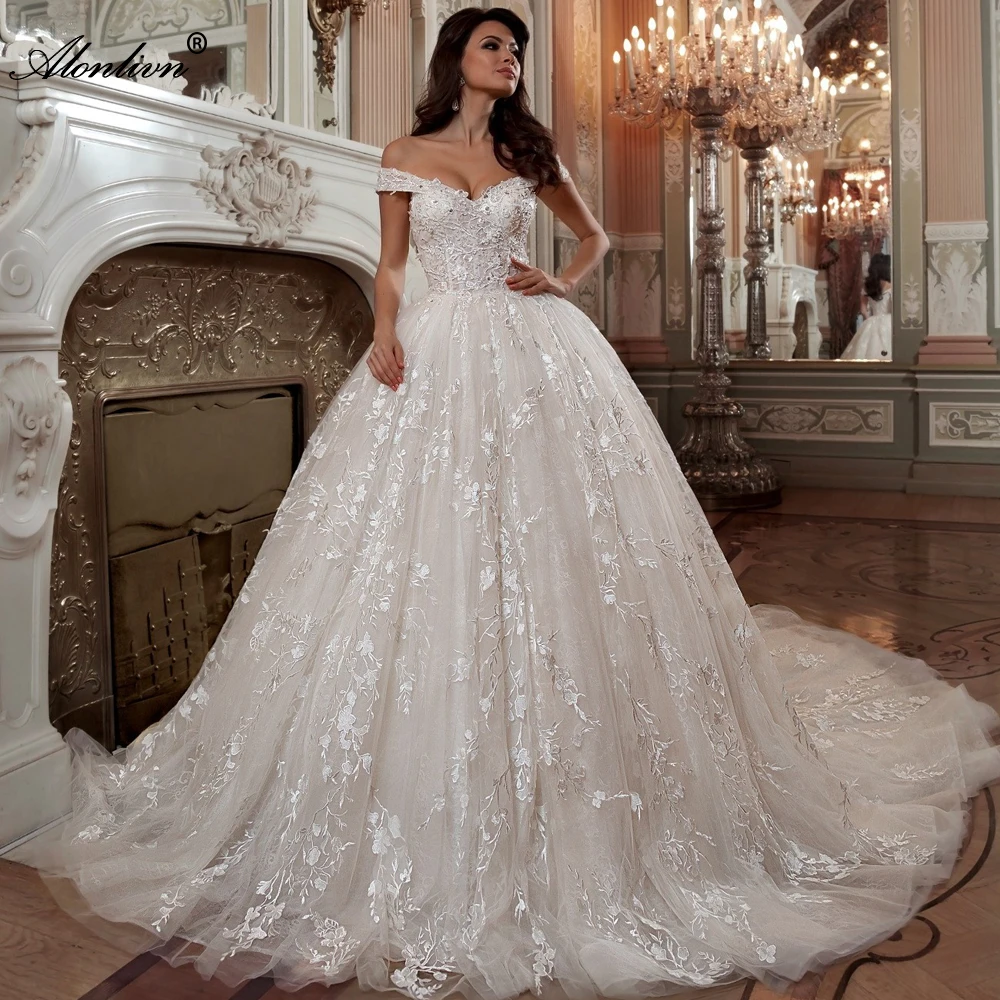 

Alonlivn Luxury Beading Appliques Lace Wedding Dress Off The Shoulder Long Train New Bridal Gowns Novias
