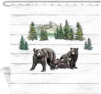 

Black Bear Shower Curtain,Animals and Natural Mountains Forest Scenery Farmhouse Rustic Cabin Wildlife Shower Curtain