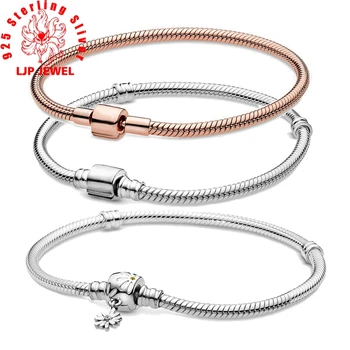 

2020 New Arrivals 925 Solid Silver Bracelet Rose Golden Color Daisy Flower Barrel Clasp Snake Chain Bracelet Women Jewelry