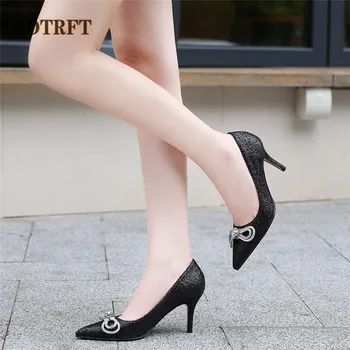 

SDTRFT Shallow mouth Sequins women shoes Pointed Toe Rhinestone Bowite Pumps 8cm Thin heel Stiletto Eur:35-45 46 Zapatos Mujer