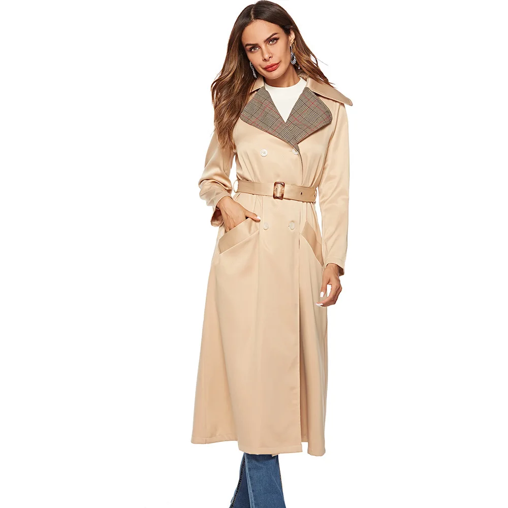 

Vintage khaki autumn winter sash long outwear Turn down collar stitching plaid women trench coat Belted pocket ladies overcoat