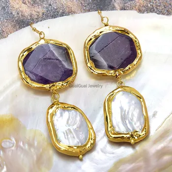 GG Jewelry White Rectangle Keshi Pearl Purple Amethyst gold color plated dangle Hook Earrings
GG Jewelry White Rectangle Keshi Pearl Purple Amethyst gold color plated dangle Hook Earrings