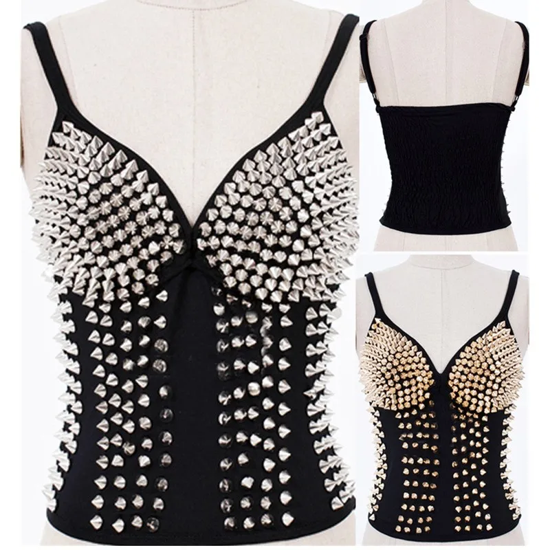 

Women Fashion Sexy Lingeries Glitter Rivet Black Club Punk Dance Bra Top waist trainer corset Gothic corsets