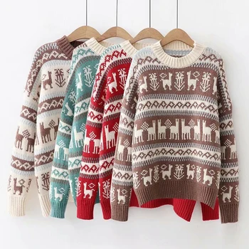 Christmas Style Women O-neck Knitted Sweater Casual Loose High Quailty Female Warm Sweaters Pullover 
Christmas Style Women O-neck Knitted Sweater Casual Loose High Quailty Female Warm Sweaters Pullover