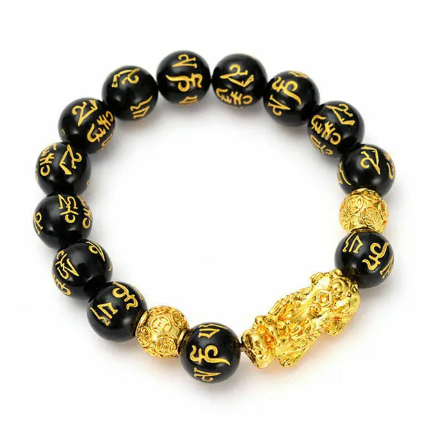 Bracelet de perles en pierre Feng Shui obsidienne, chaînette unisexe en or noir, Pixiu, richesse et bonne fortune, pour hommes et femmes 1