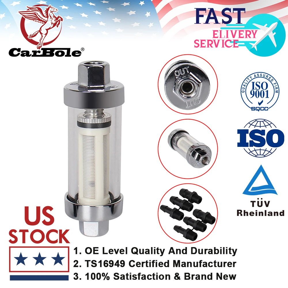 

Carbole Universal 3/8" 1/4" 5/16" 6mm 8mm 10mm Fittings Chrome Gas Glass Reusable Inline Fuel Filters