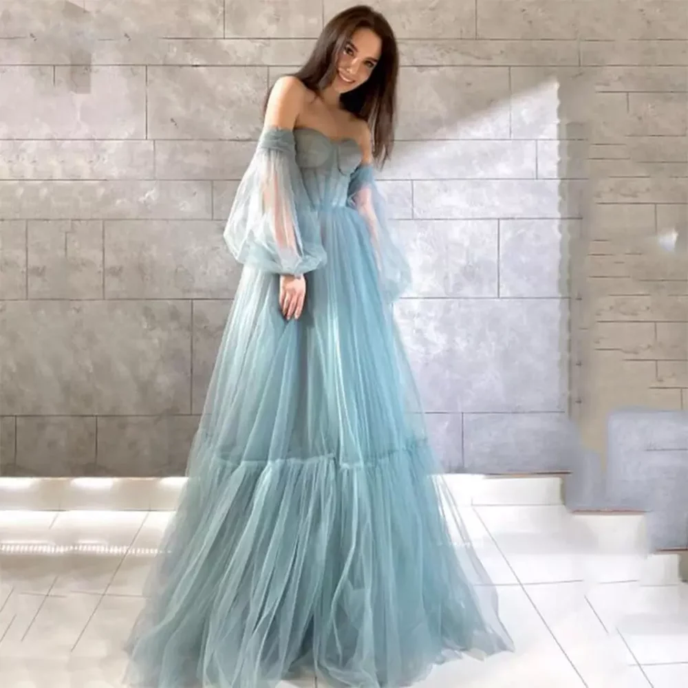 Фото Элегантное пыльное синее вечернее платье с открытыми плечами пышные платья для
