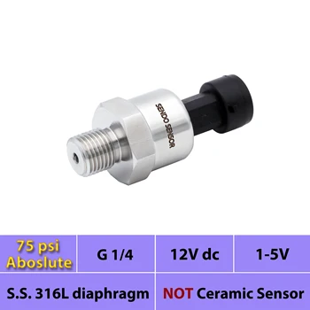 

75 psi absolute pressure transducer sensor, 1 to 5V output, AISI 316L diaphragm, G1 4 in male thread, 24V, 12V dc supply, gas